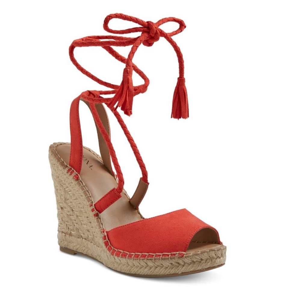 Merona Wedge Sandals Heel Ankle Tie Up Strings Peep Toe Platform Shoes Fabric